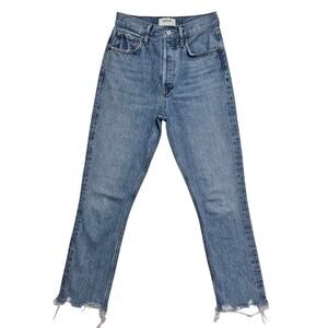 AGOLDE Jeans Riley Crop High Rise Straight Blue Button Fly Raw Hem Denim Size 24